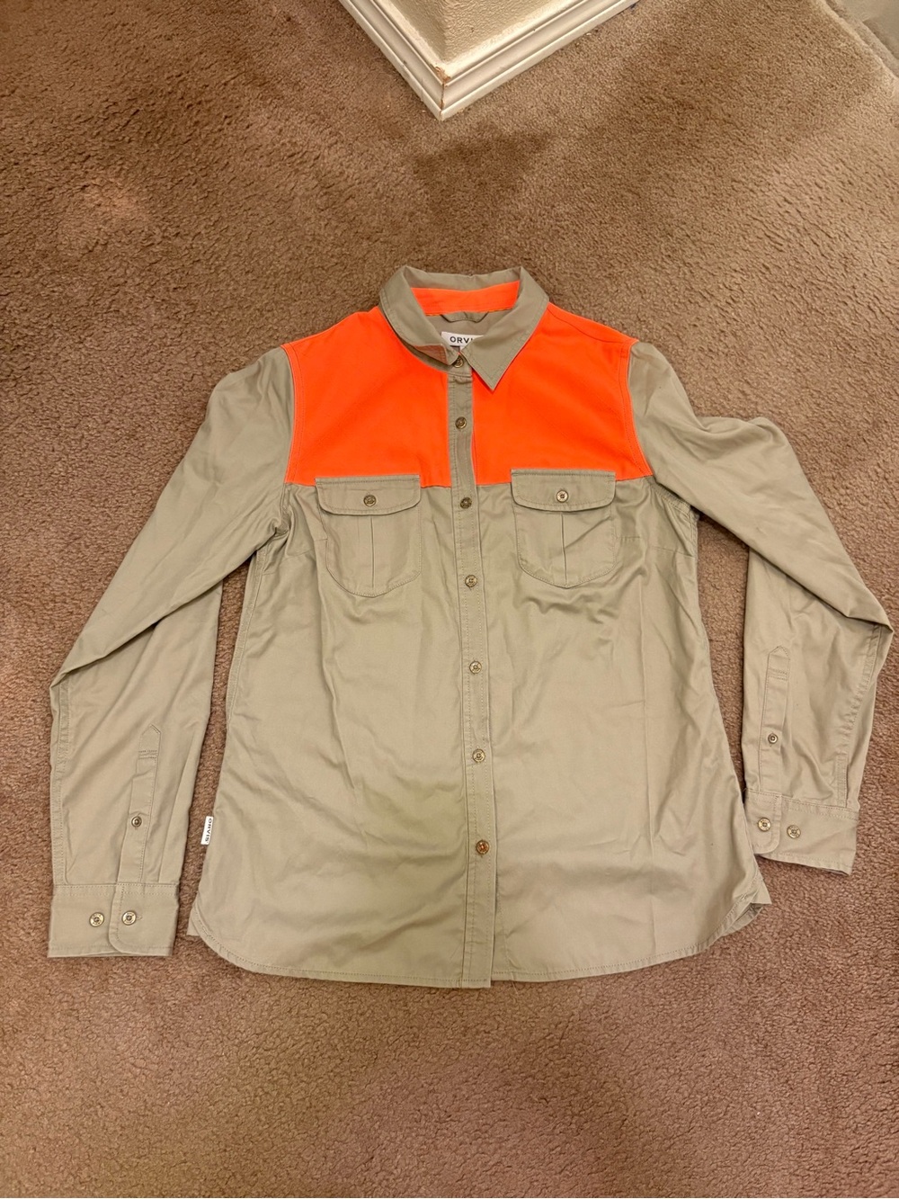 Orvis Tan Shirt with Bright Orange Yoke
